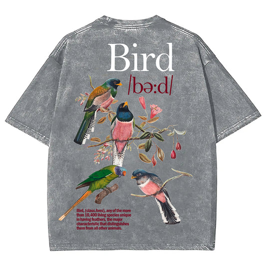 Bird Print Graphic Vintage Acid Wash Cotton T-Shirt