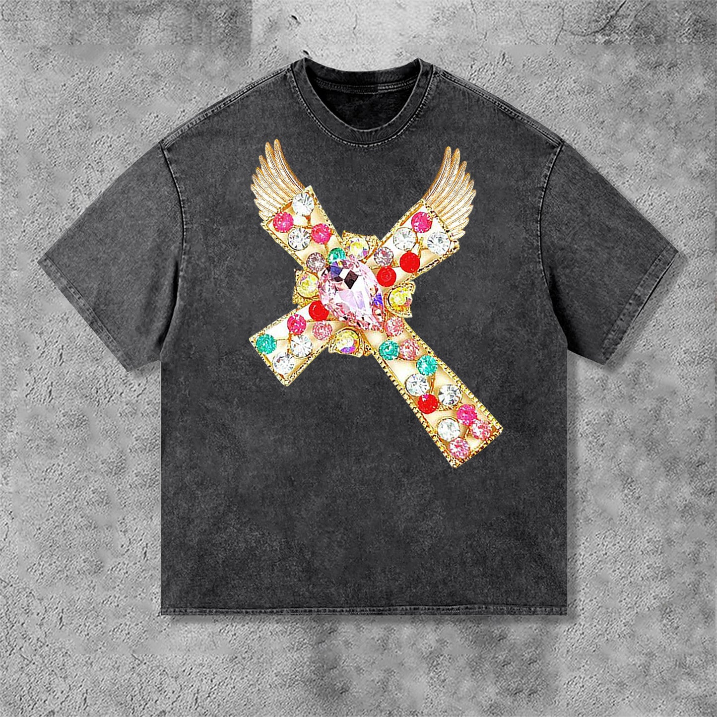 Vintage Diamond Cross Graphic Print Acid Washed T-Shirt