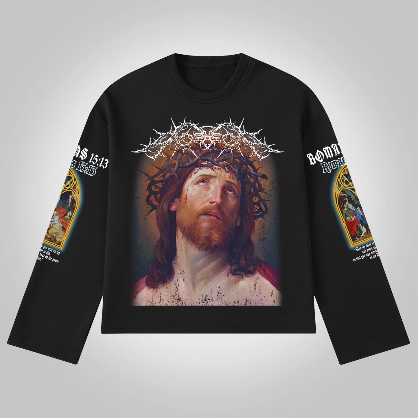 Vercoo Vintage Jesus Portrait Graphic Bible Print Cotton Long Sleeve T-Shirt