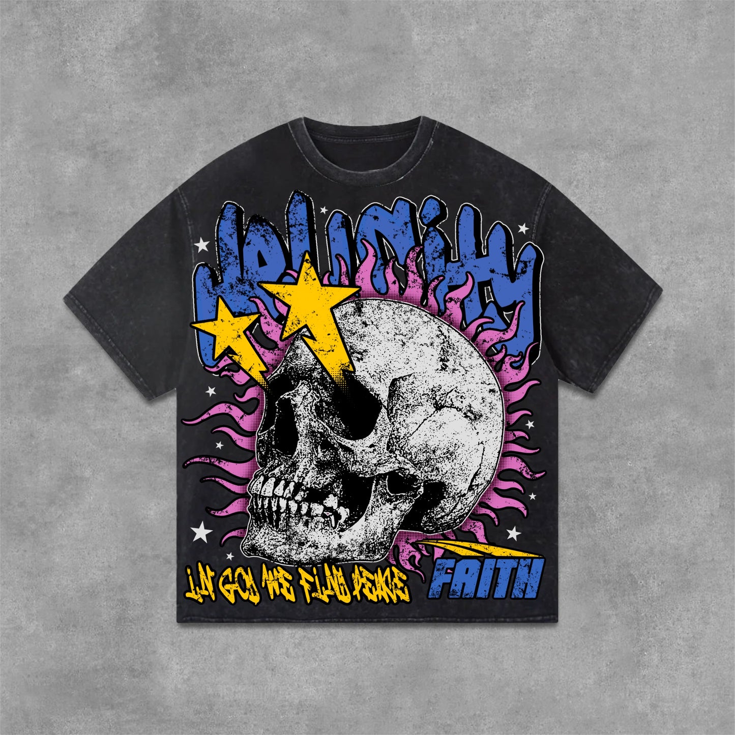 Flame Skull & Hell City Faith - Vintage Old Graphic Cotton T-Shirt