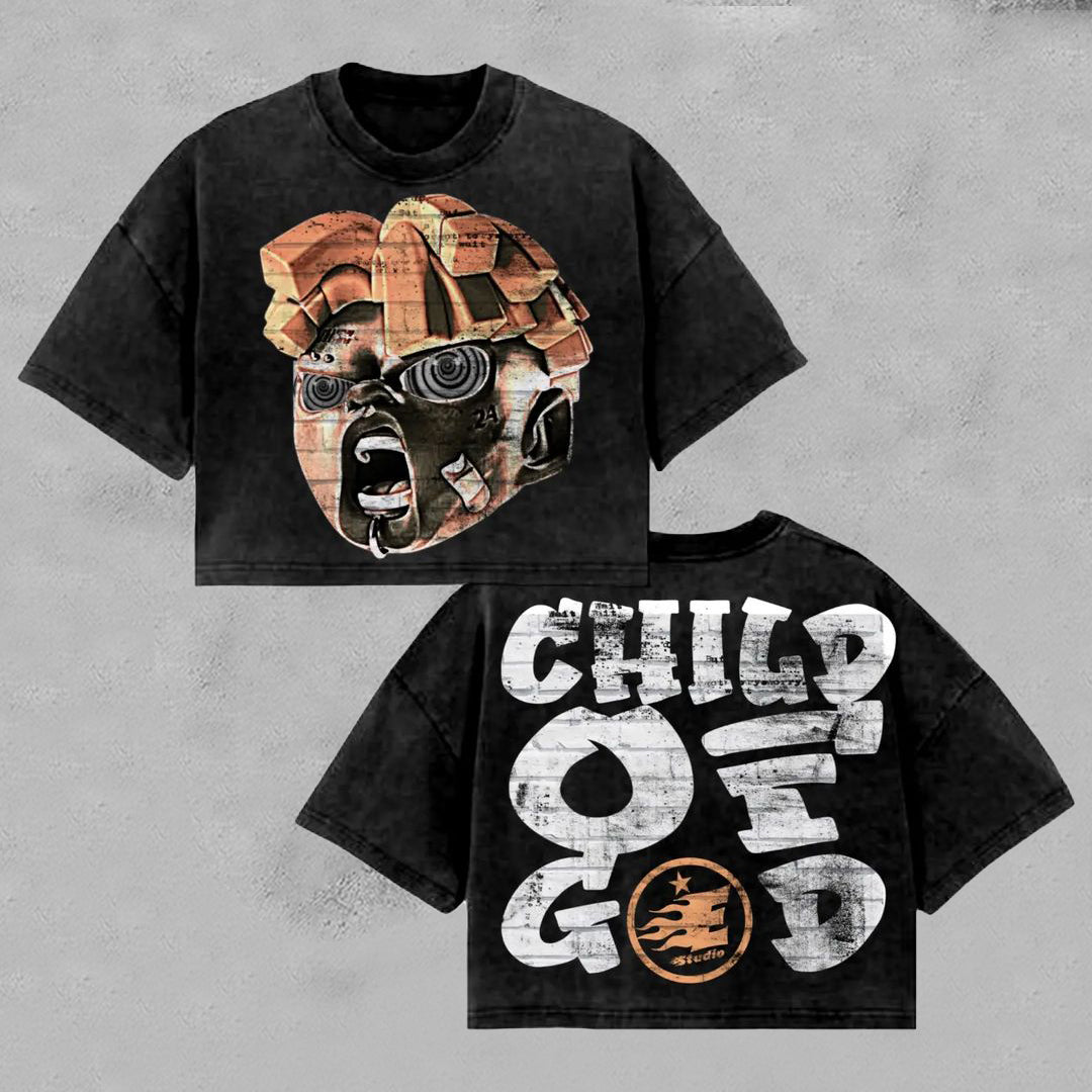 Vintage Child Of God Portrait Graphic Distressed Acid Wash T-Shirt