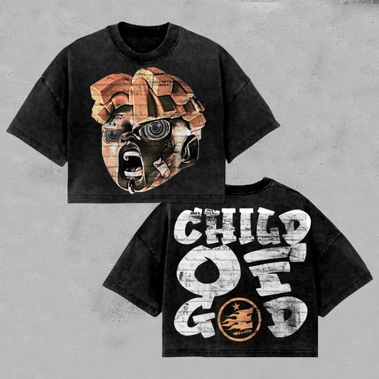 Vintage Child Of God Portrait Graphic Distressed Acid Wash T-Shirt