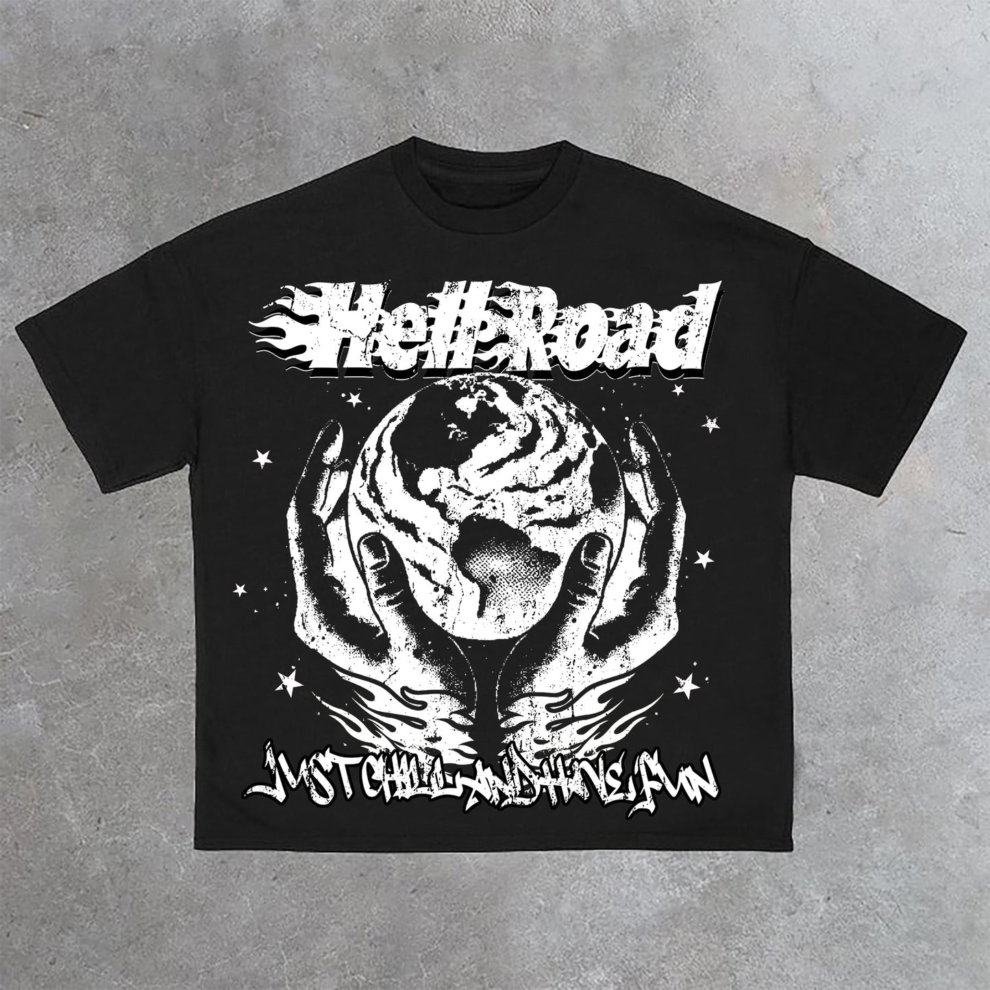 Hell Road Retro Hand Holding The Earth Graphic Print Cotton T-Shirt