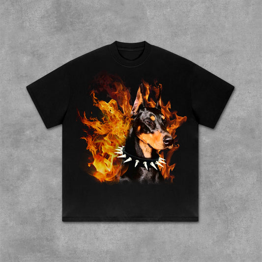 Hell City - Flame Dobern Printed Graphic Cotton Casual T-Shirt