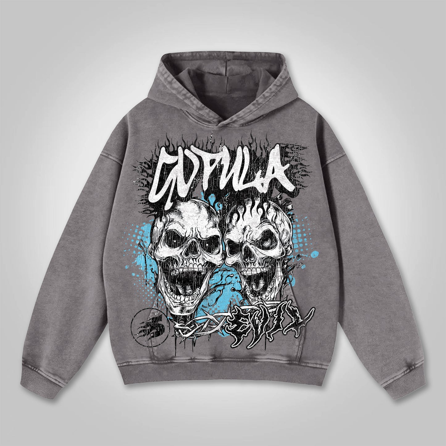 Vercoo You Better Know Evil Skull Graphic Washed Pocket Hoodie