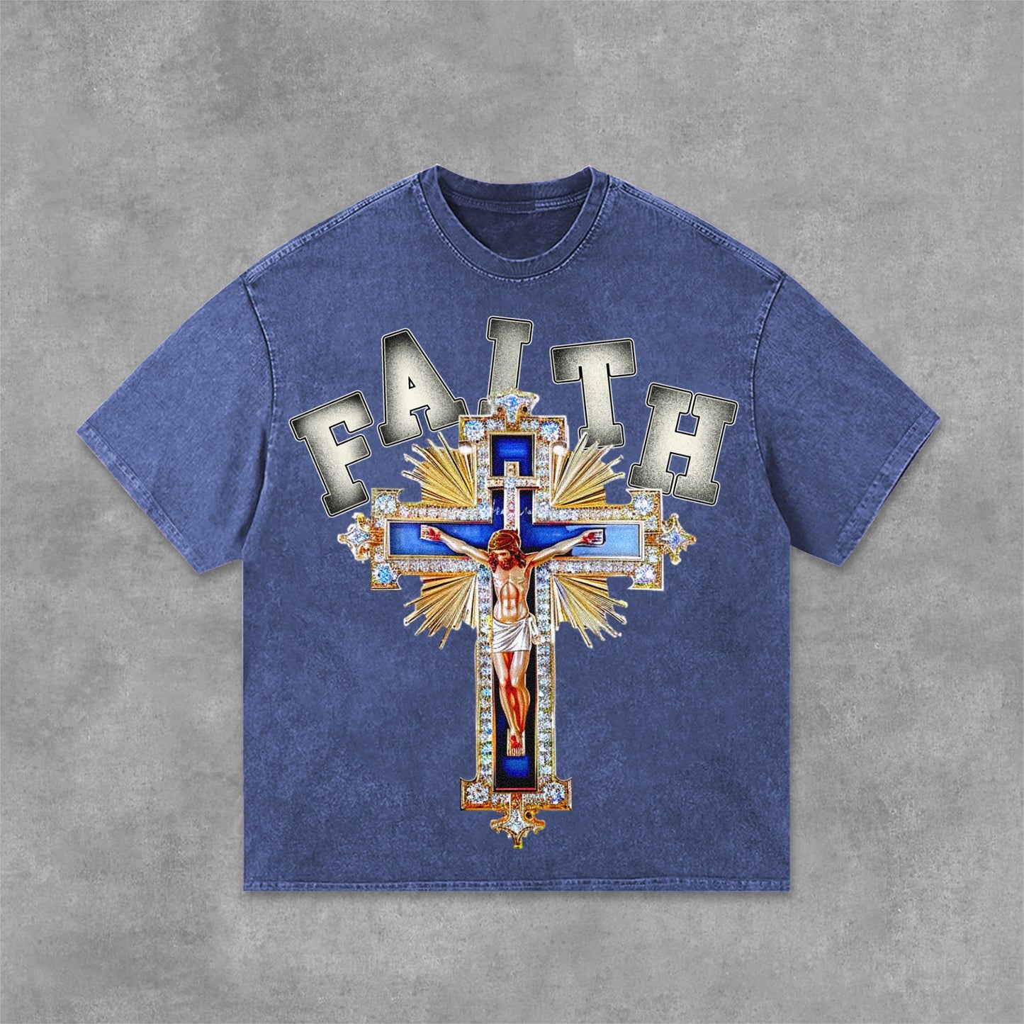 Christian & Diamond Cross - Faith Graphic Design Acid Washed T-Shirt