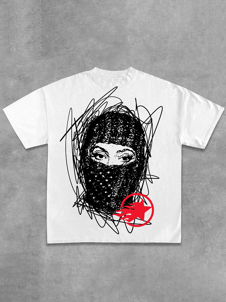 Gang Graffiti Mask Printed Cotton T-Shirt