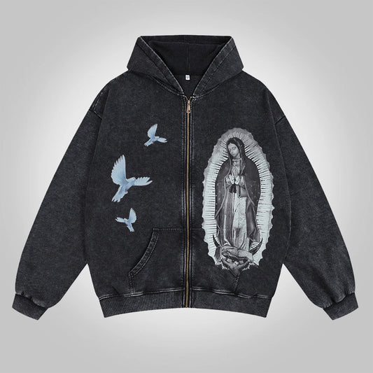 Vercoo Vintage Our Lady Of Guadalupe Graphic Acid Washed Oversized Zip-Up Hoodie