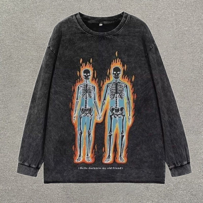 Vintage Flames Skeleton Couple Long Sleeve T-Shirt