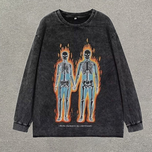 Vintage Flames Skeleton Couple Long Sleeve T-Shirt