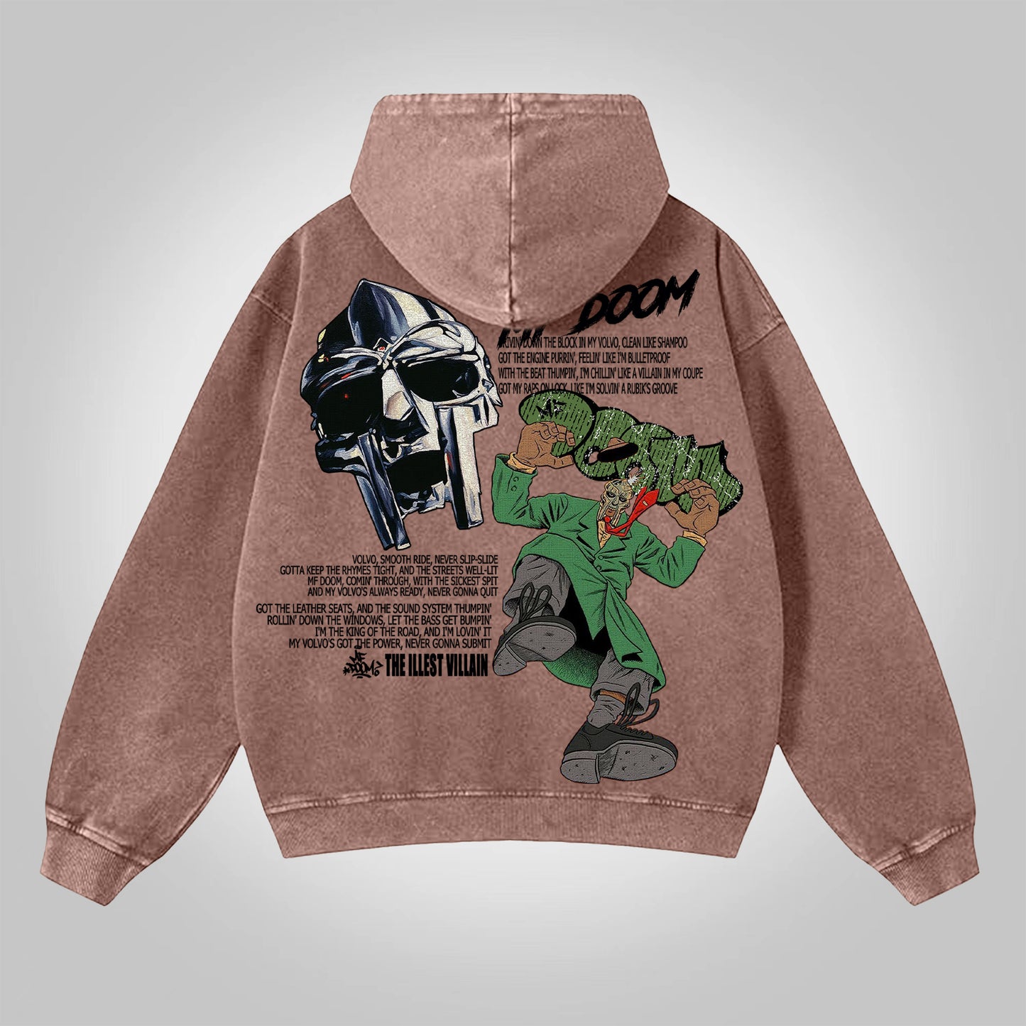 Vercoo Vintage The Illest Villain Mf Doom Graphic Washed Zip-Up Hoodie