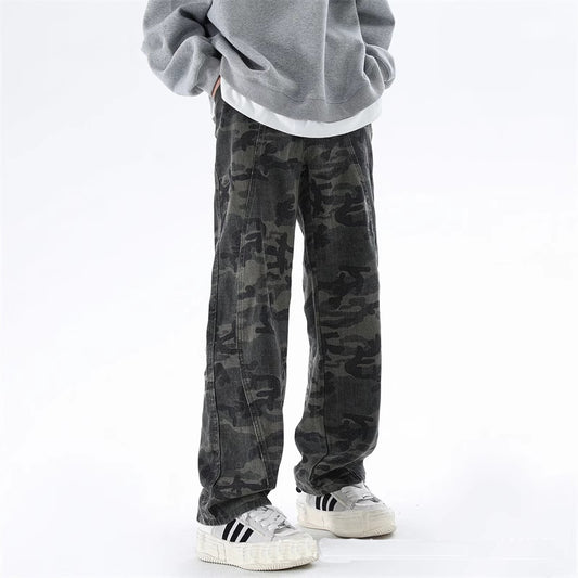 Men's Trendy High Street Ins Camouflage Patchwork Straight Pants