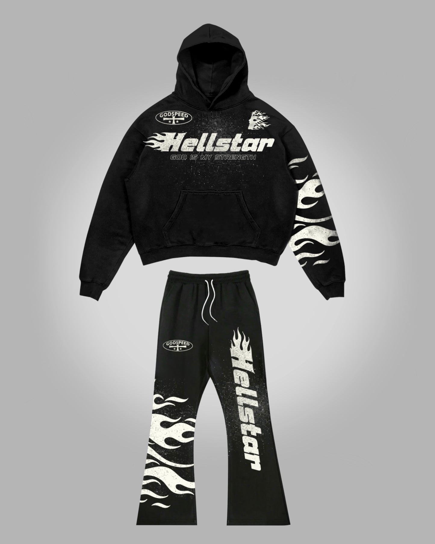 Vercoo Vintage Jesus Flame Hellstar Graphic Hoodie & Flared Trousers Two Piece Set