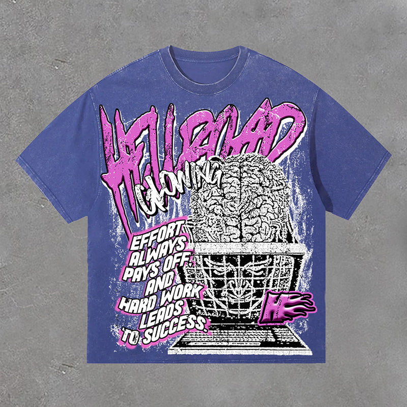 Hell Road Retro Brainstorm Print Acid Washed T-Shirt