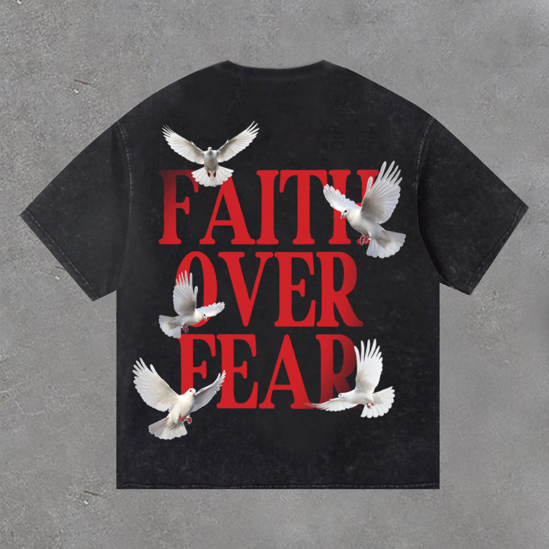 Vercoo Vintage Washed Faith Over Fear Print Short Sleeve T-Shirt