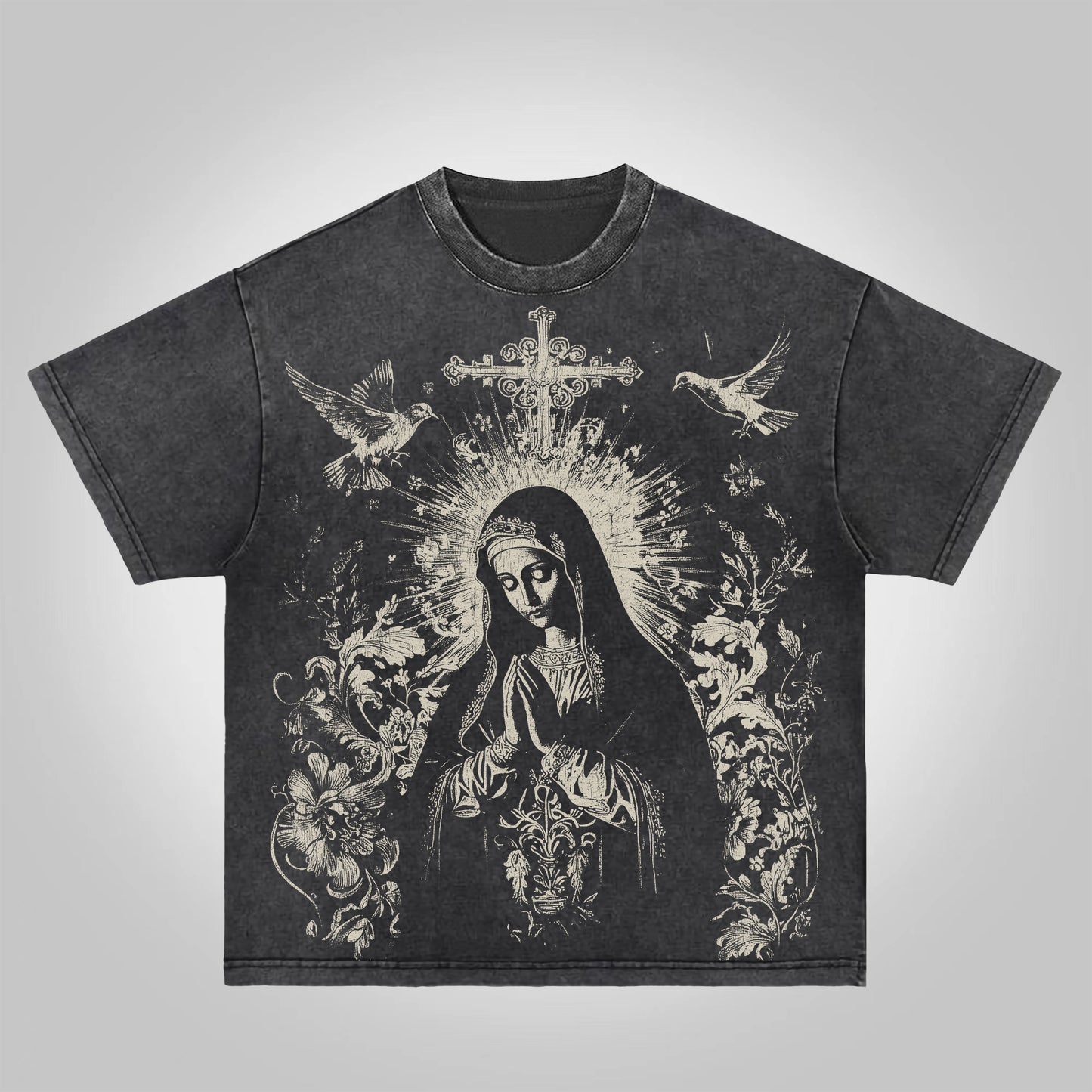 Vercoo Virgin Mary Praying Vintage Graphic Acid Washed T-Shirt