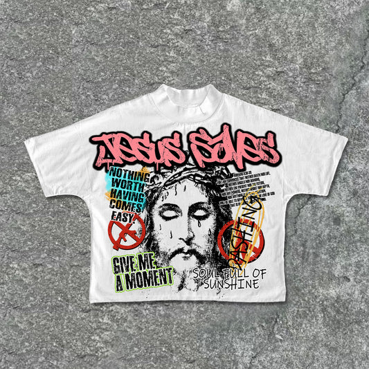 Vercoo Vintage Jesus Graphics Jesus Saves - Bible Print Cropped T-Shirts