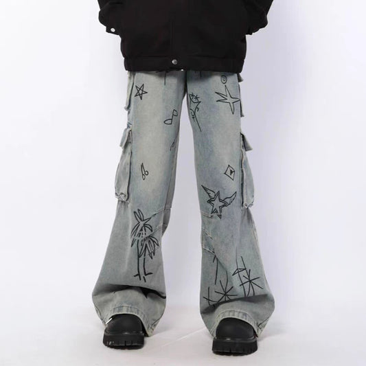 Men's Retro Graffiti Cartoon Loose Straight Work Jeans