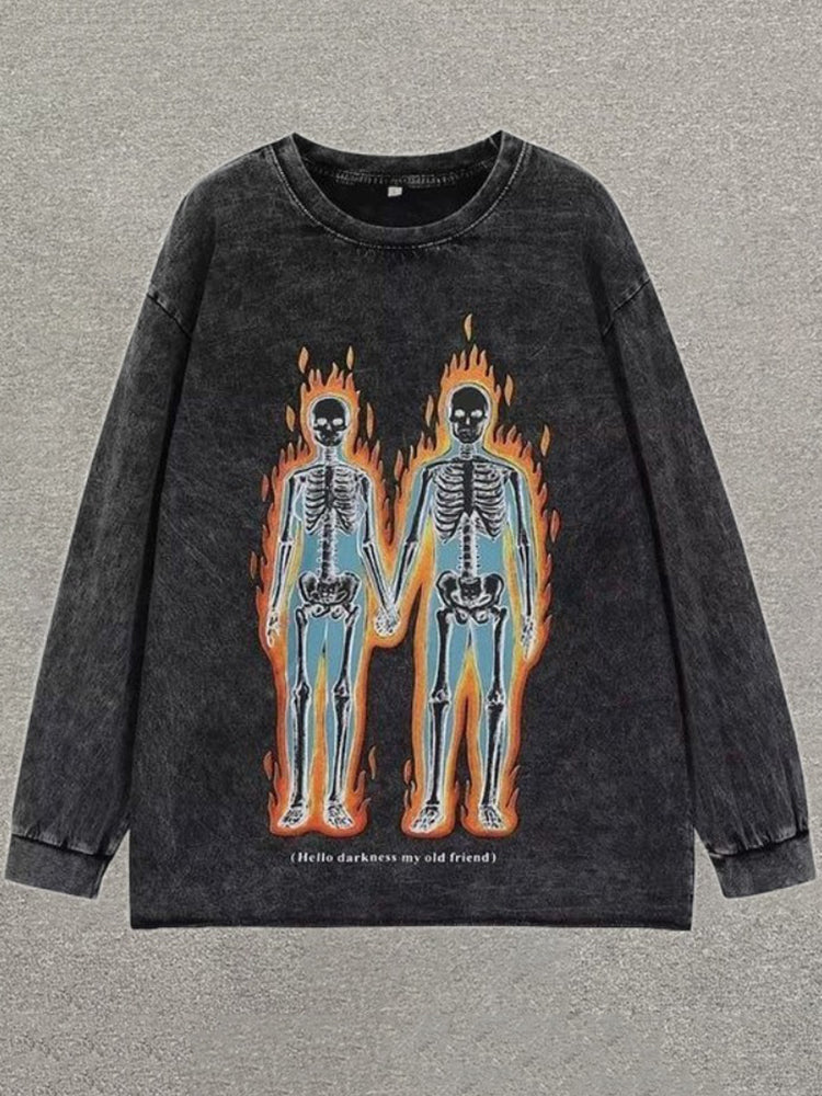 Vintage Flames Skeleton Couple Long Sleeve T-Shirt