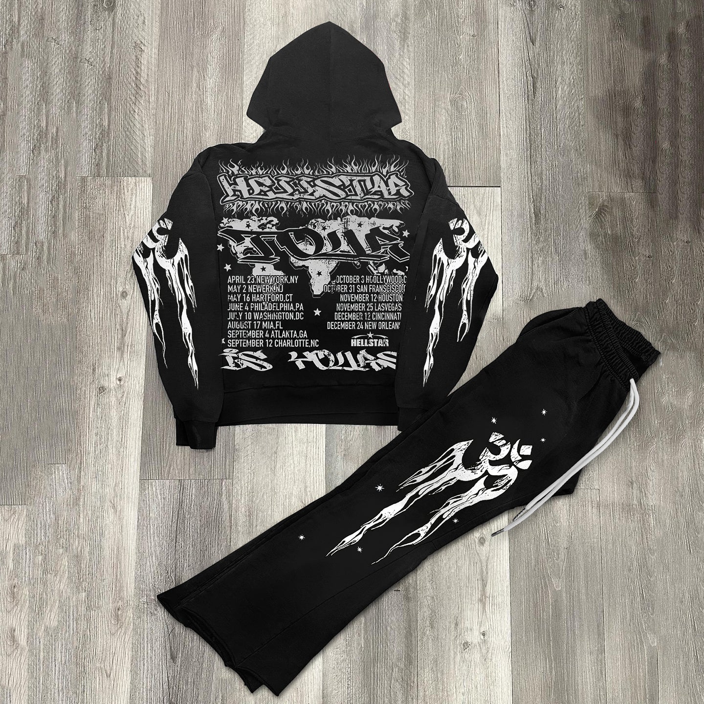 Vintage Hellstar Worldwide Graphic Hip-Hop Hoodie & Flared Men Trousers Two Piece Set