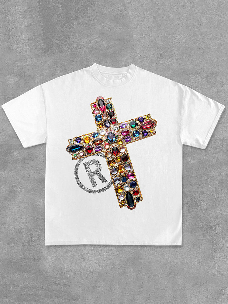 Vintage Diamond Cross Graphic Print Casual Cotton T-Shirt