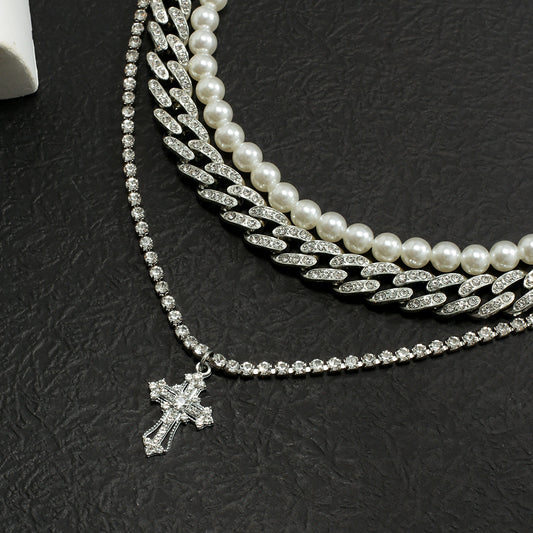 Men's Stylish Stacked Pearl Cross Necklace