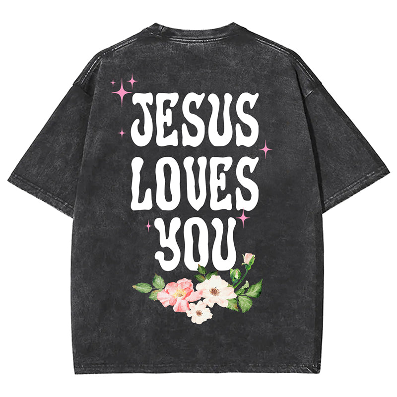 Vercoo Vintage Short Sleeve Jesus Loves You Unisex Printed Acid Washed T-Shirt