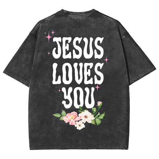 Vercoo Vintage Short Sleeve Jesus Loves You Unisex Printed Acid Washed T-Shirt