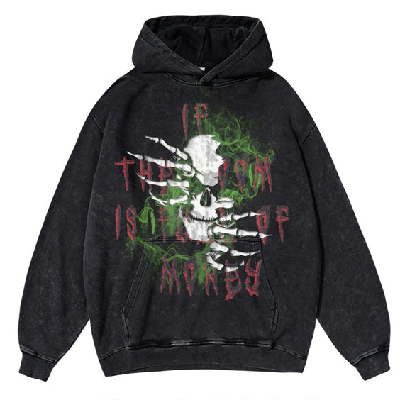 Vercoo Vintage Skull Letter Print Graphic Acid Wash Pullover Hoodie