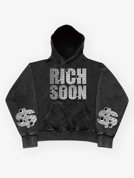 Vercoo Vintage Rich Soon Graphic Acid Washed Oversized Hoodie