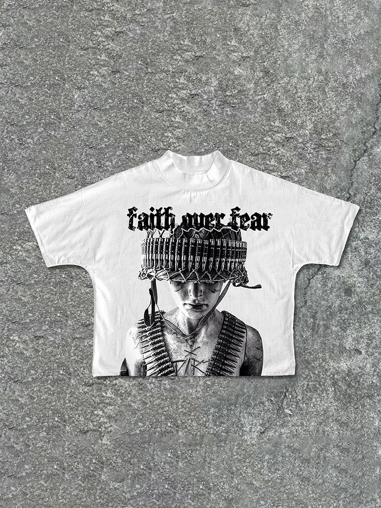 Vercoo War Helmet Faith Over Fear Graphic Print Cropped T-Shirts