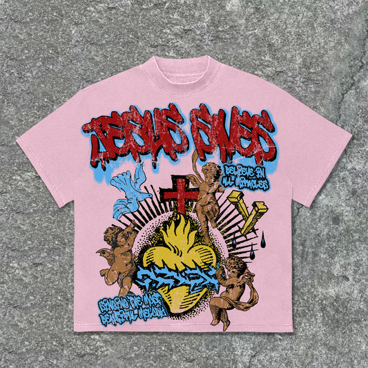 Vercoo Vintage Jesus Saves Angel Graphic Print Cotton T-Shirt