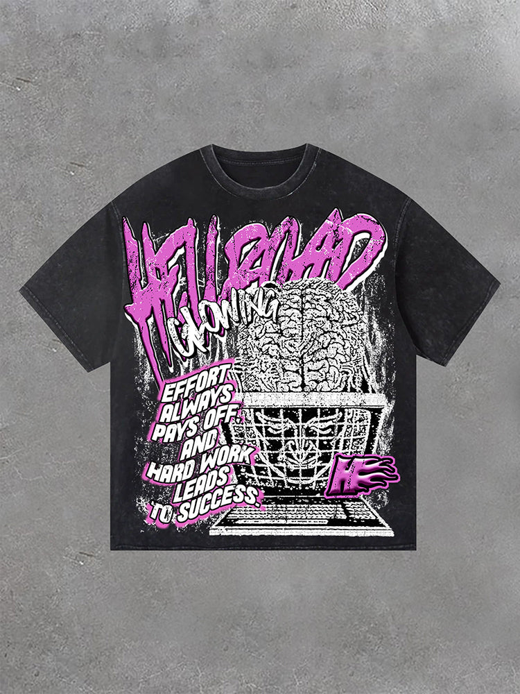 Hell Road Retro Brainstorm Print Acid Washed T-Shirt