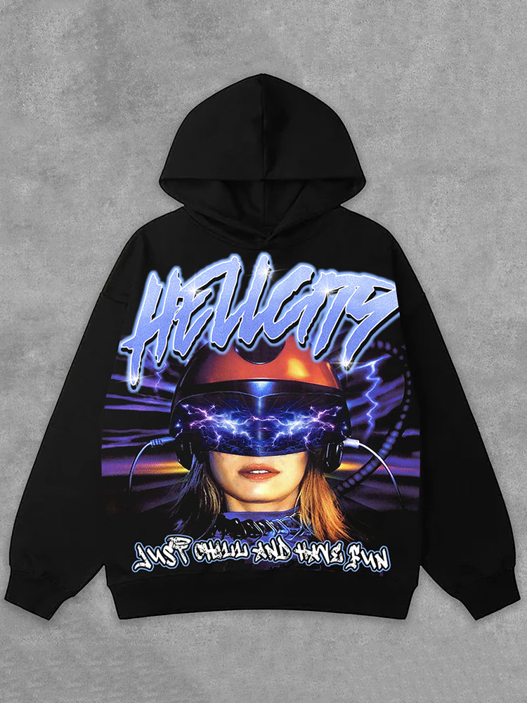 Hellcity Brainstorm Portrait Graphic Print Side Pockets Hoodie