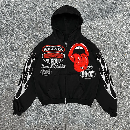 Heaven-Sent Rockstars Lips Graphic Print Zip-Up Hoodie