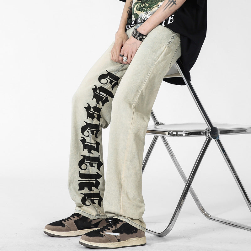 Men's Street Trendy Ins Letter Print Jeans