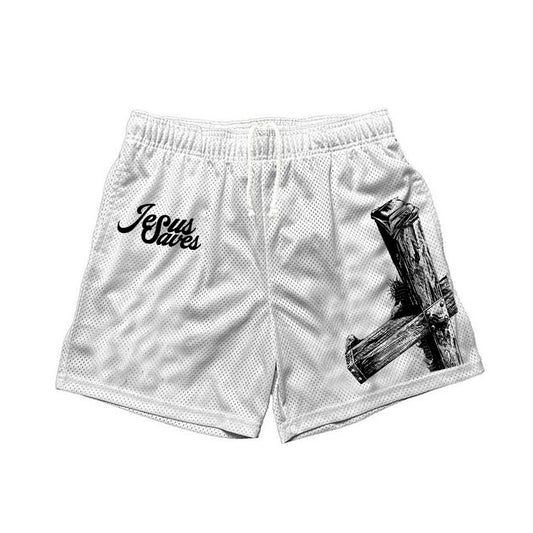 Men's Casual Jesus Saves Graphic Print Mesh Shorts