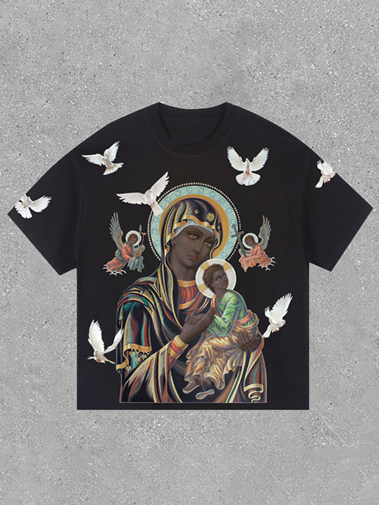 Vintage Unisex Black Madonna And Child Graphic Cotton T-Shirt