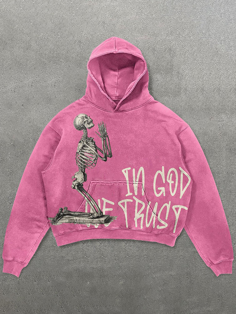 In God We Trust Graphic Print Pink Pullover Hoodie