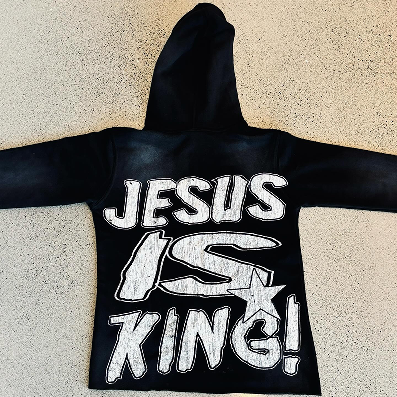 Vercoo Vintage Jesus Print Graphic Acid Washed Oversized Hoodie