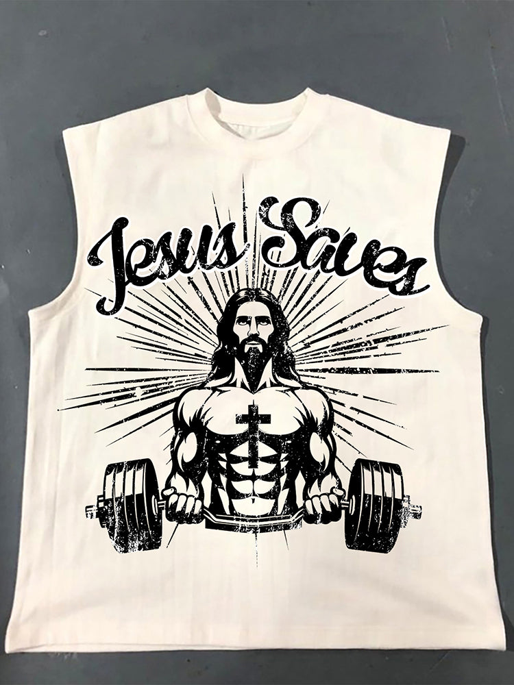 Jesus Saves Jesus Power Fitness Print Cotton Tank Top