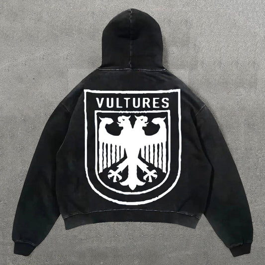 Vercoo Vintage Vultures Print Graphic Acid Washed Hoodie