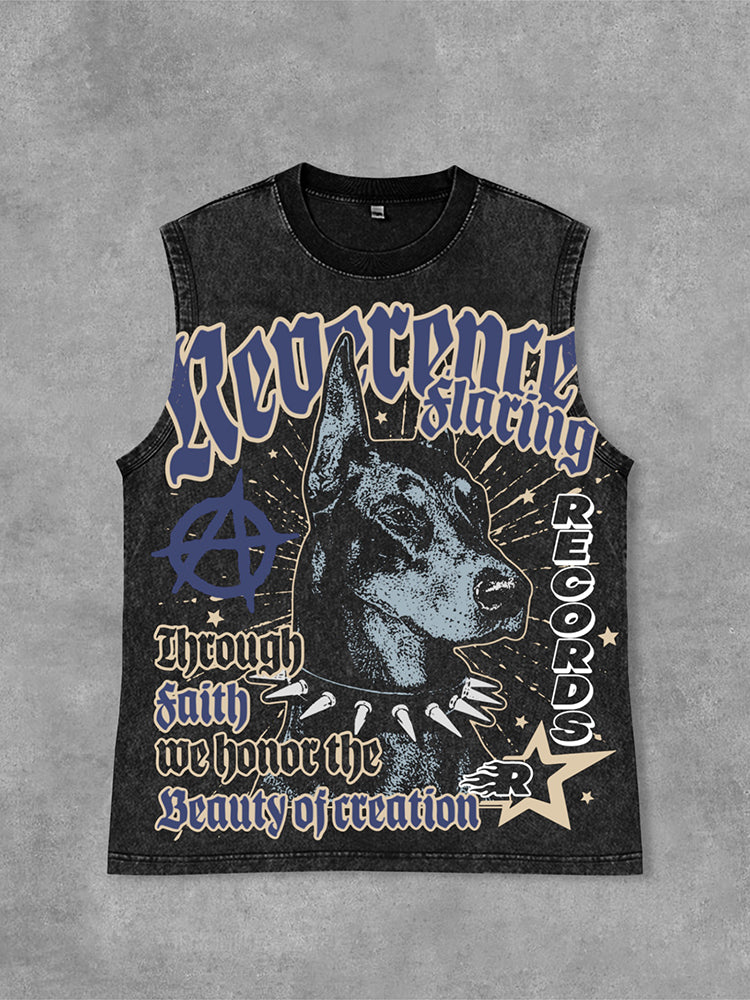 Doberman Retro Old Graphic Acid Washed Sleeveless Vest