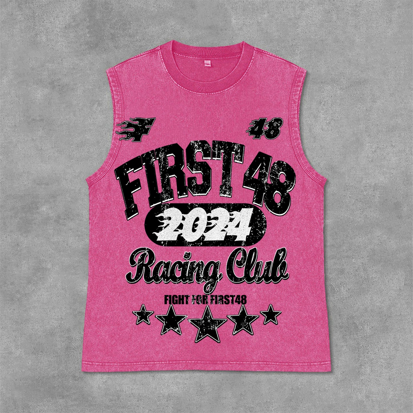 Vercoo Vintage Street First48 Racing Graphic Print Acid Washed Sleeveless Tank Top