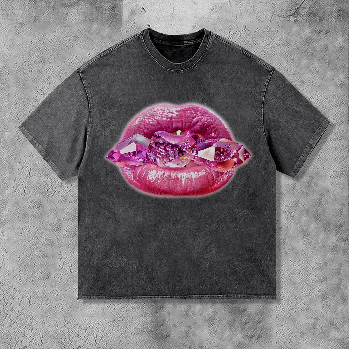 Diamond Lips Graphic Print Acid Washed T-Shirt