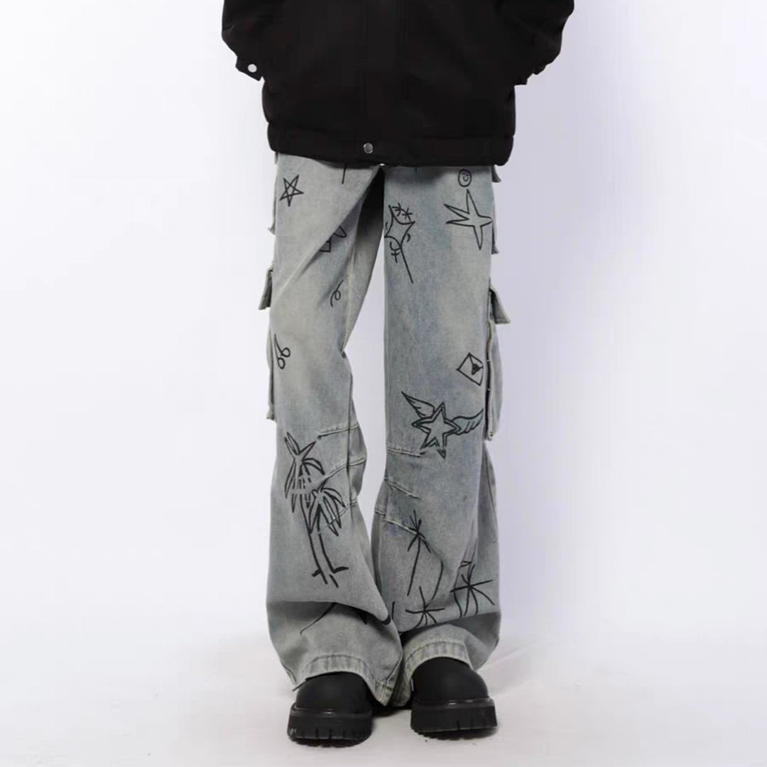 Men's Retro Graffiti Cartoon Loose Straight Work Jeans