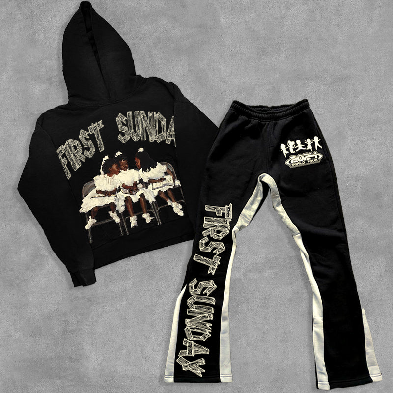 First Sunday Faith Graphic Hip Hop Hoodie & Flared Trousers Two Piece Set