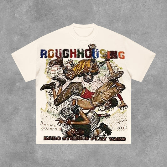 Vintage Roughhousing Play Yard Graphic 100% Cotton Short Sleeve T-Shirt