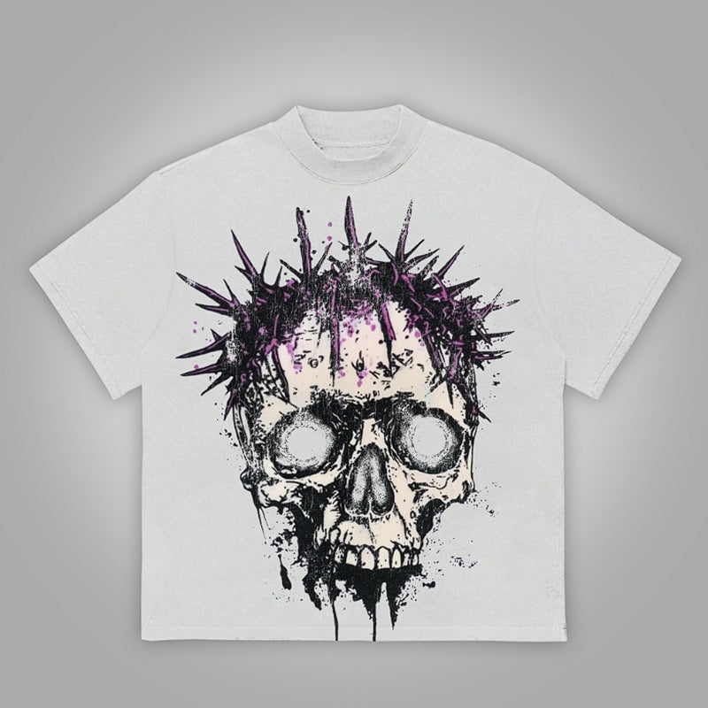 Vintage Thorn Circle Skull Graphic Cotton T-Shirt