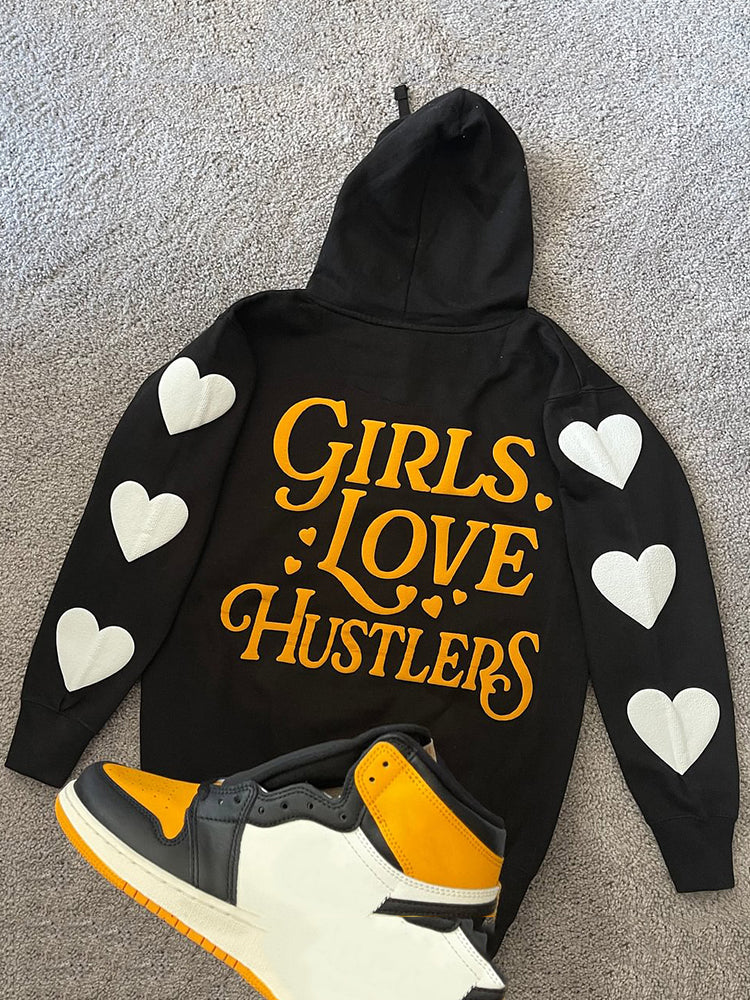 Vercoo Vintage Love Hustlers Graphic Print Side Pockets Hoodie